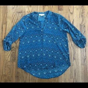 Pink Rose Teal Printed Split Neck 3/4 Sleeve Blouse Top Women’s Size Medium NWOT